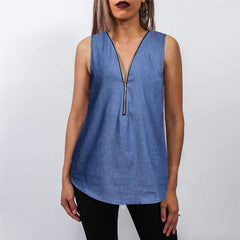 Sleeveless V neck Zipper Jean T-Shirts