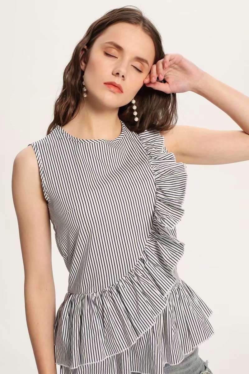 Fashion Falbala Sleeveless Cotton Blouses