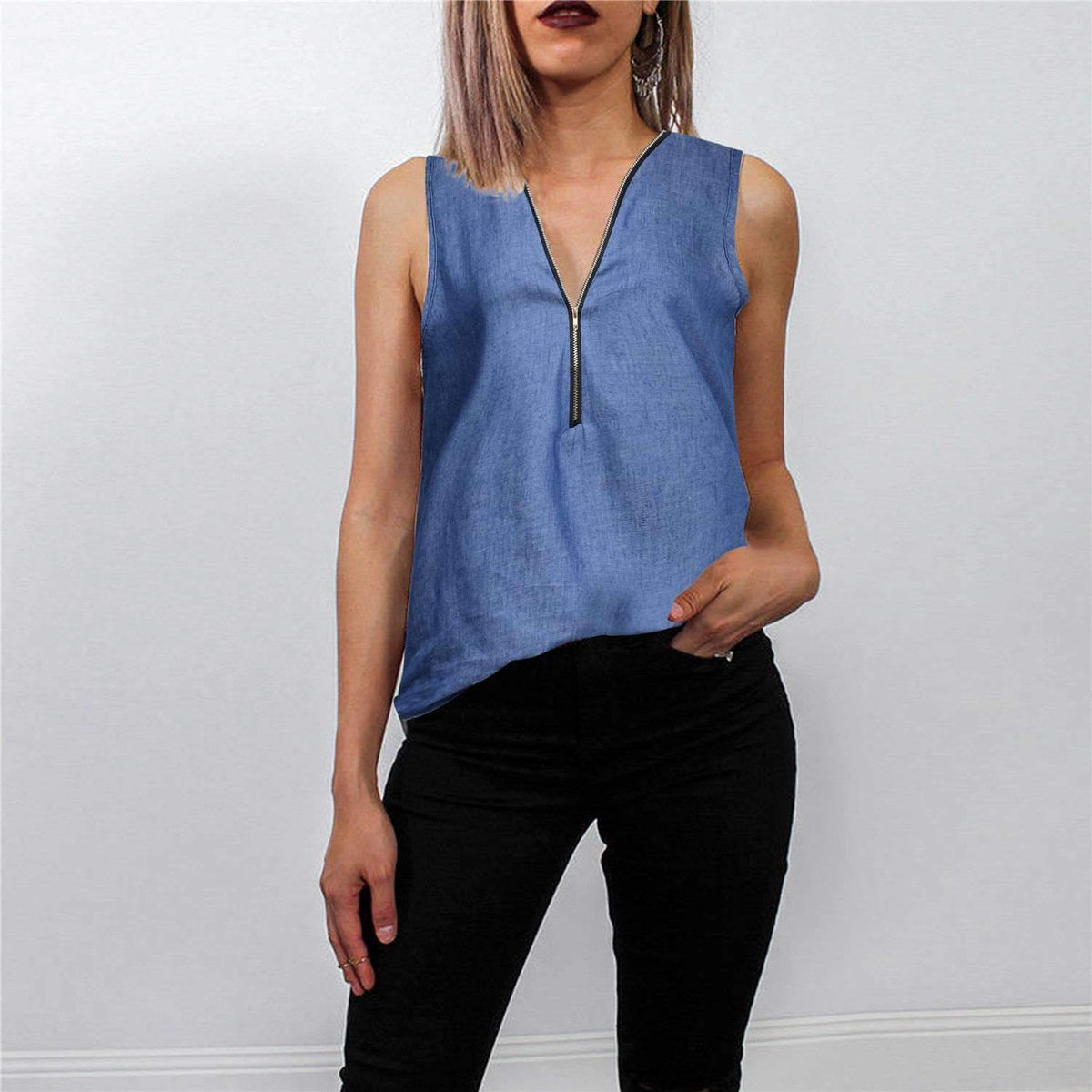 Sleeveless V neck Zipper Jean T-Shirts