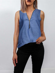 Sleeveless V neck Zipper Jean T-Shirts