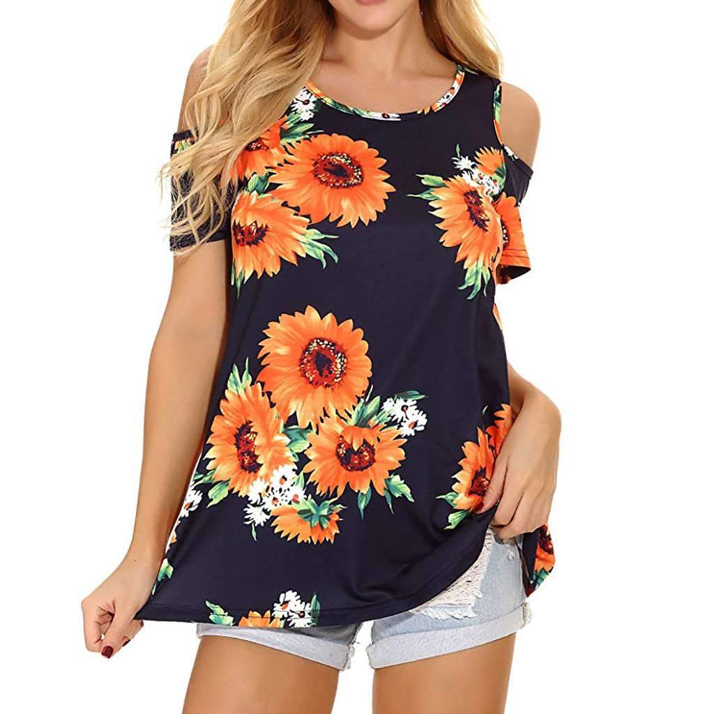 Casual Short sleeve Off shoulder Floral T-Shirts