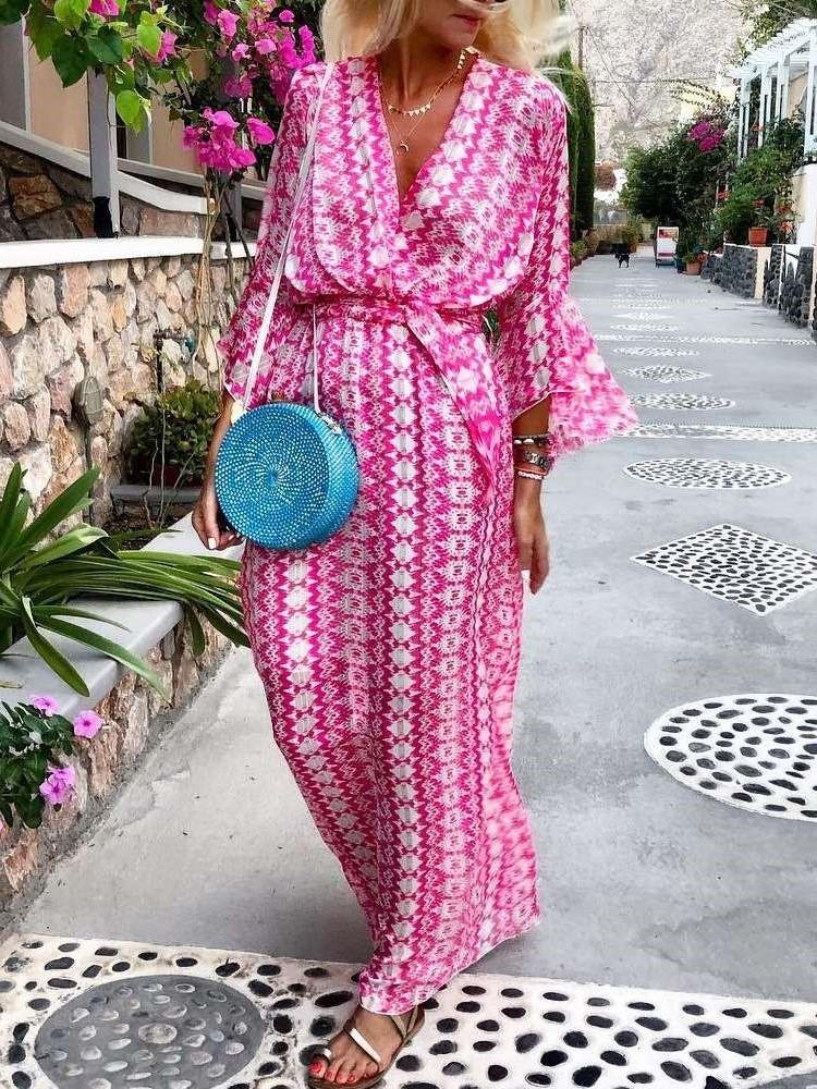 Fashion Casual Print V neck Long sleeve Lacing Maxi Dresses