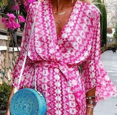 Fashion Casual Print V neck Long sleeve Lacing Maxi Dresses