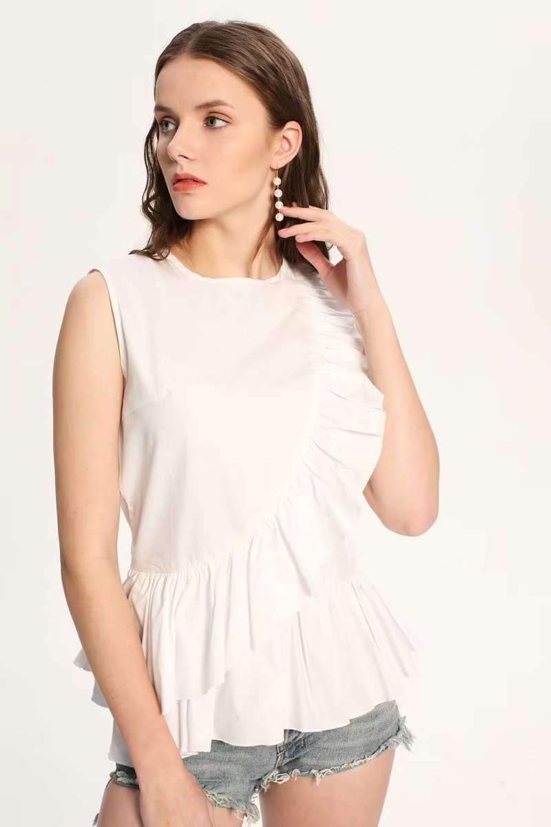 Fashion Falbala Sleeveless Cotton Blouses