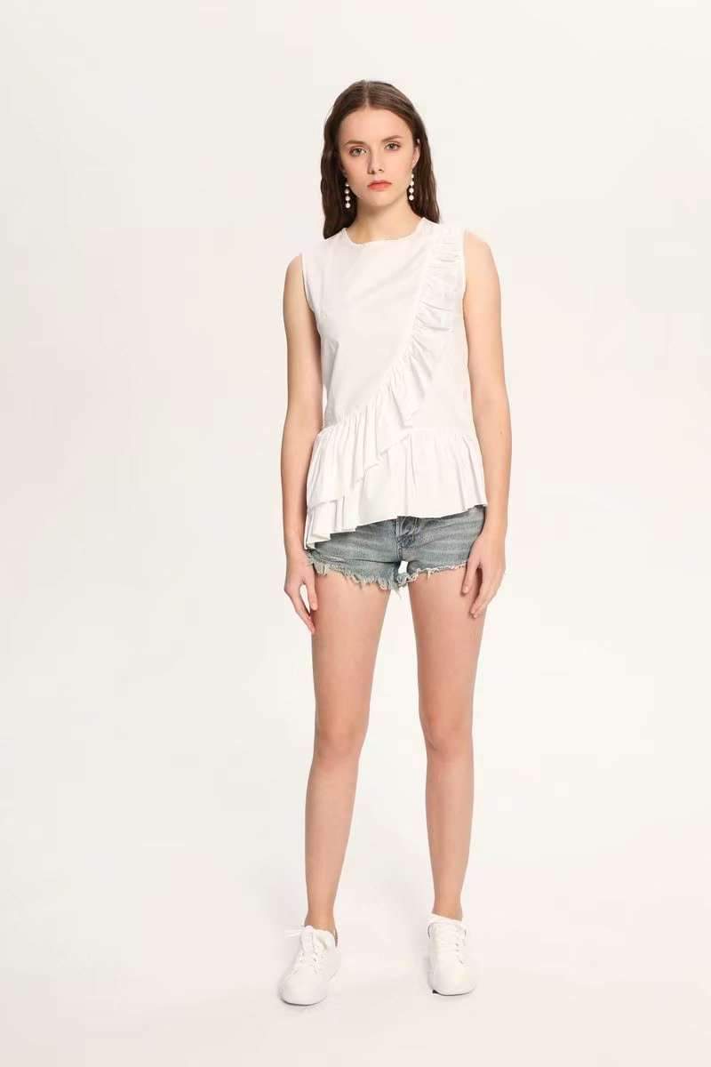 Fashion Falbala Sleeveless Cotton Blouses