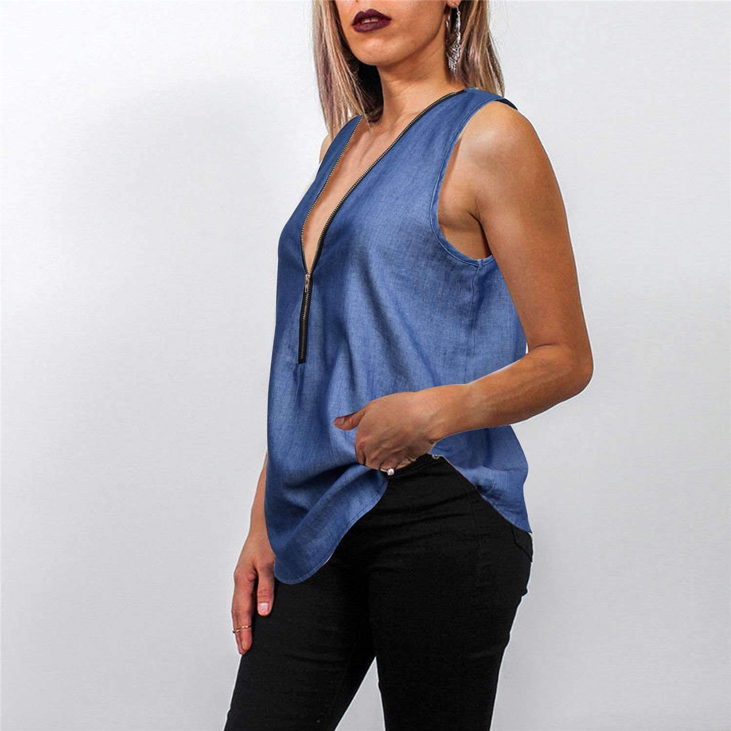 Sleeveless V neck Zipper Jean T-Shirts