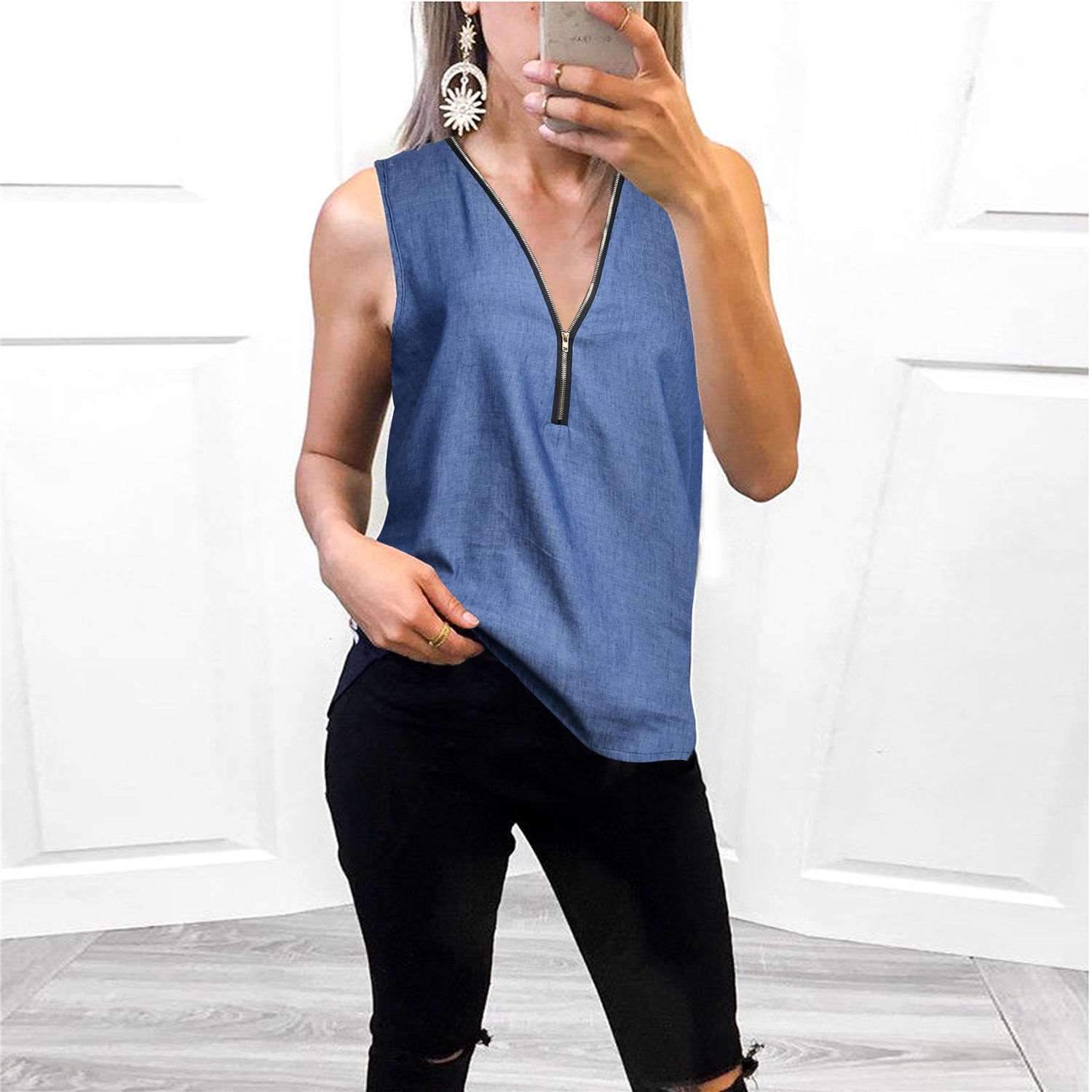 Sleeveless V neck Zipper Jean T-Shirts