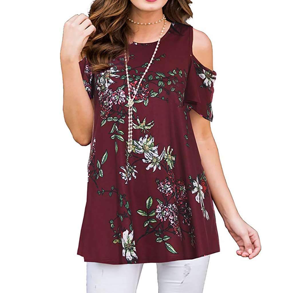 Casual Short sleeve Off shoulder Floral T-Shirts