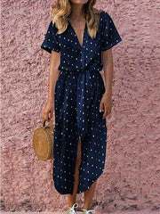 Casual Point print V neck Short sleeve Vent Lacing Skater Dresses