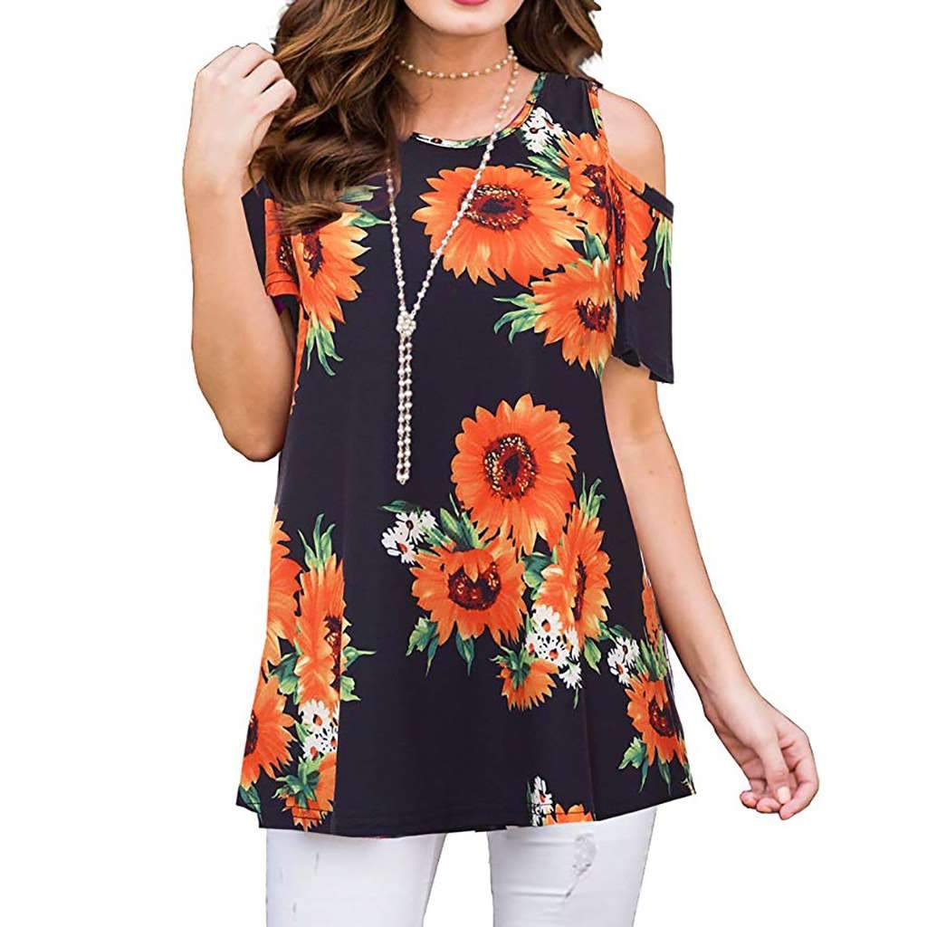 Casual Short sleeve Off shoulder Floral T-Shirts