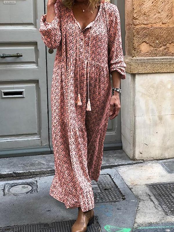 Bohemian print long sleeve v-neck maxi dresses