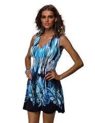 Sexy V neck Print Sleeveless Skater Dresses