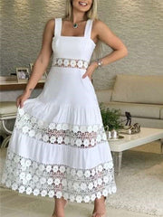 Fashion Pure Lace Hollow out Gored Sleeveless Vest Maxi Dresses