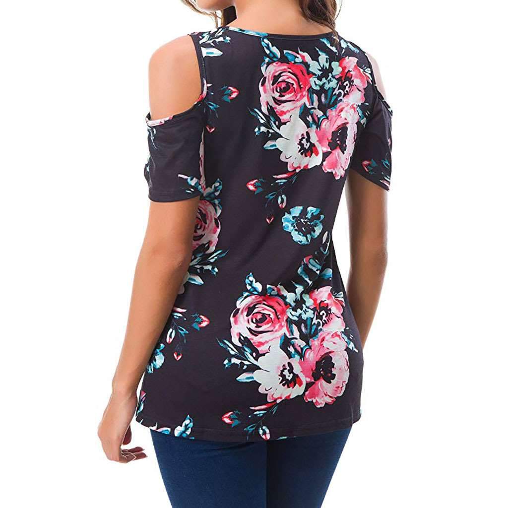 Casual Short sleeve Off shoulder Floral T-Shirts