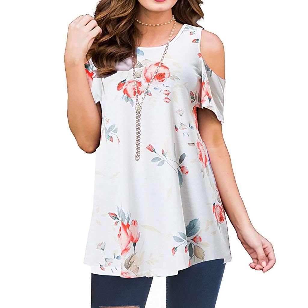 Casual Short sleeve Off shoulder Floral T-Shirts