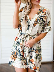 Fashion Print V neck Short sleeve Lacing Shift Dresses