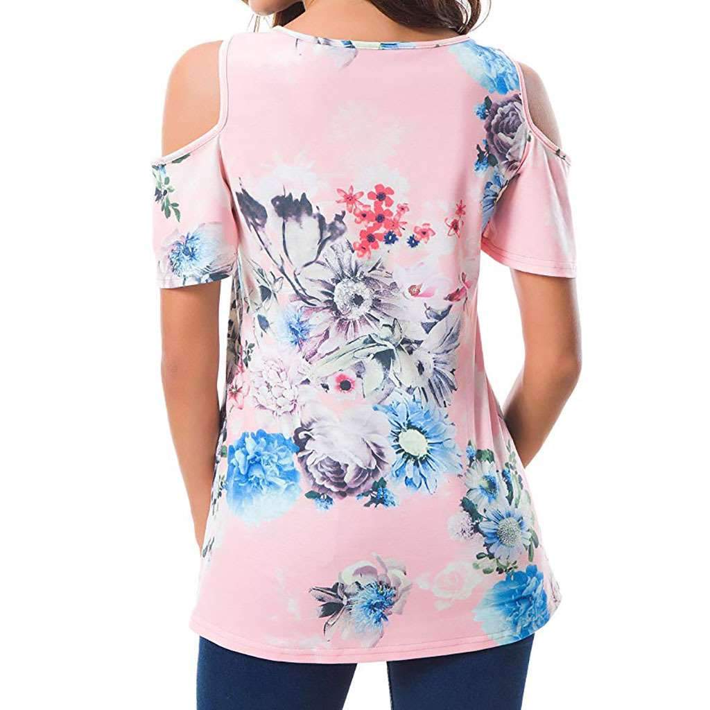 Casual Short sleeve Off shoulder Floral T-Shirts