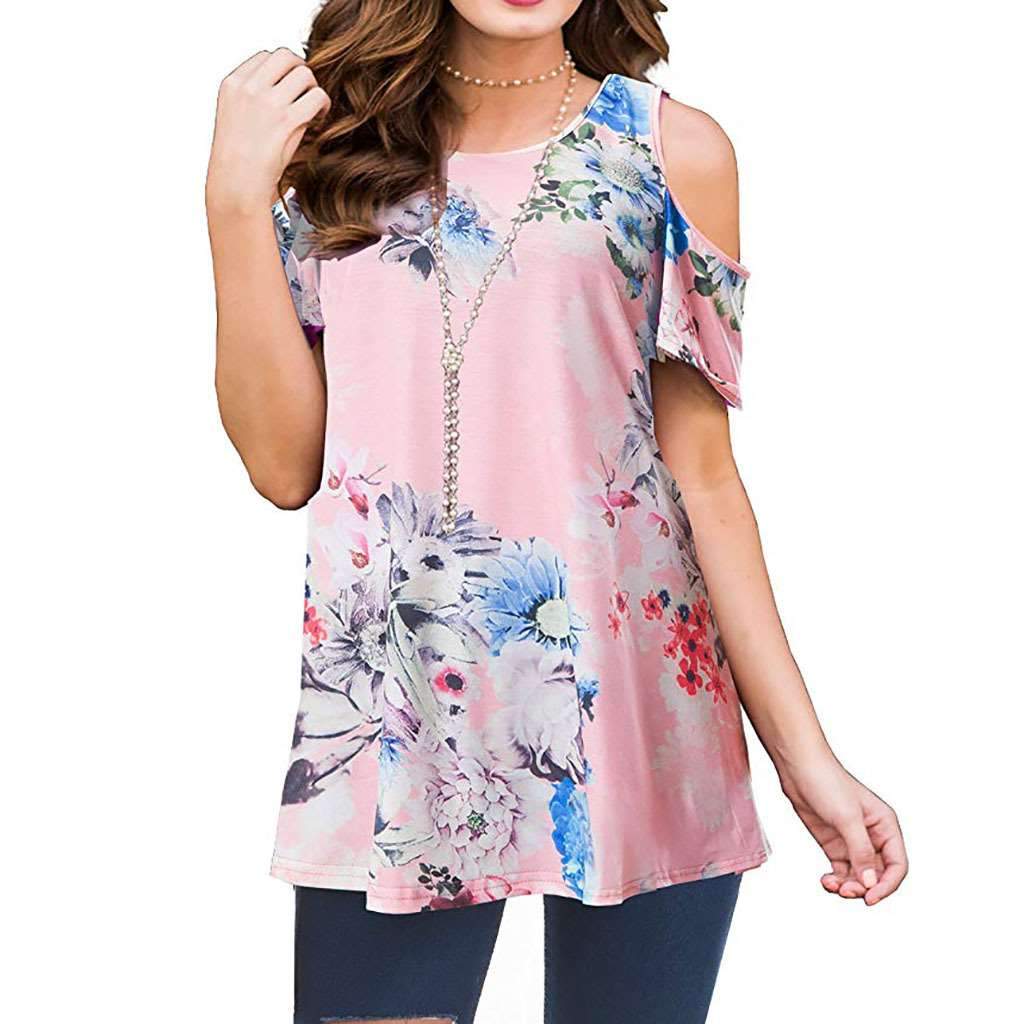 Casual Short sleeve Off shoulder Floral T-Shirts