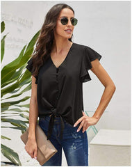 Pure V neck Fastener Short sleeve Falbala T-Shirts