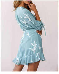 Sexy Bowknot Falbala Print V neck Long sleeve Skater Dresses