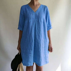 Casual Loose Pure V neck Half sleeve Shift Dresses
