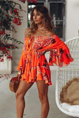 Fashion Print Off shoulder Long sleeve Skater Dresses