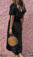 Casual Point print V neck Short sleeve Vent Lacing Skater Dresses