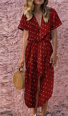 Casual Point print V neck Short sleeve Vent Lacing Skater Dresses