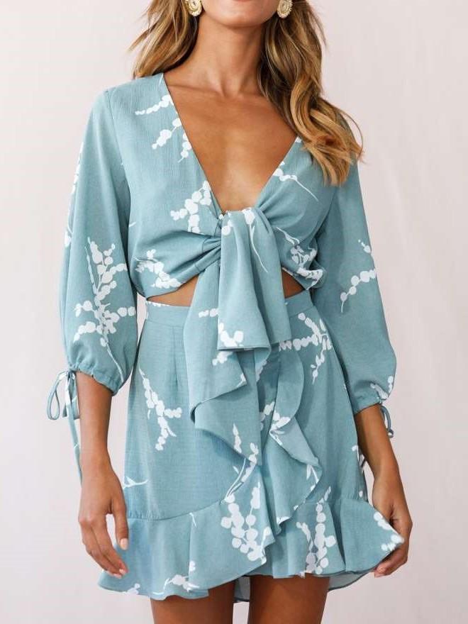 Sexy Bowknot Falbala Print V neck Long sleeve Skater Dresses