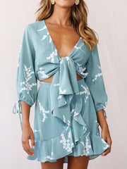 Sexy Bowknot Falbala Print V neck Long sleeve Skater Dresses