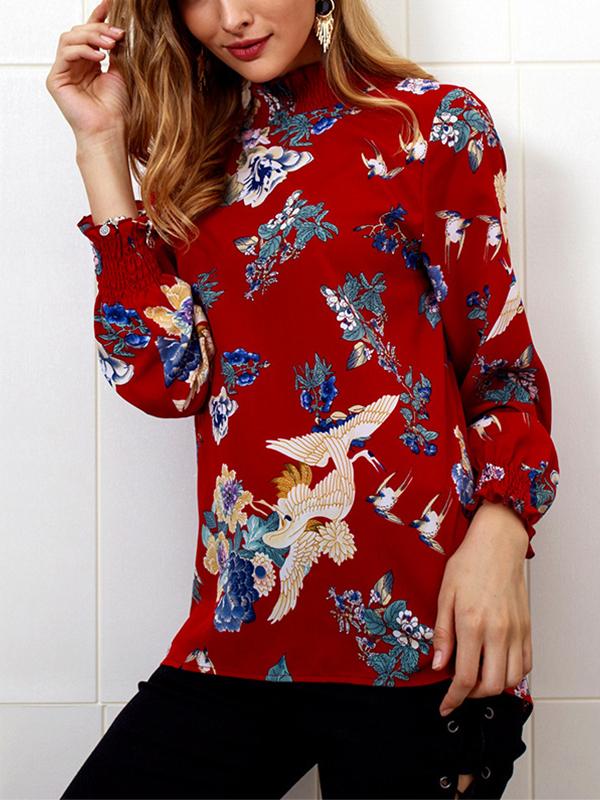 Autumn Winter Printed High Collar Chiffon Blouse