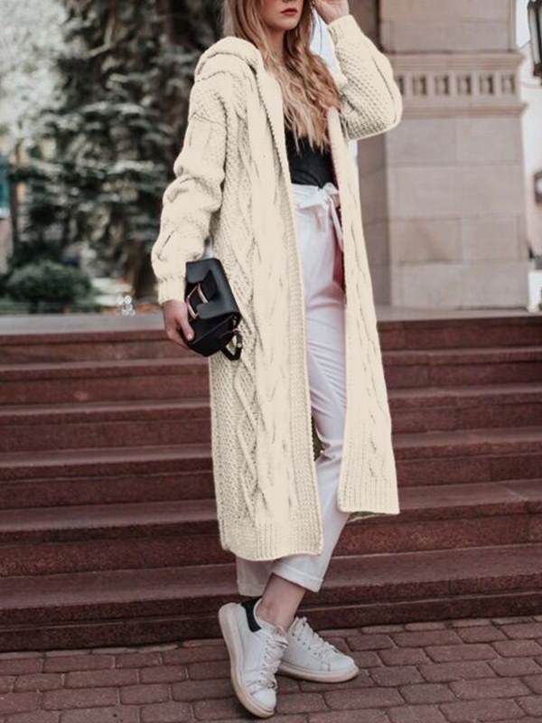 Solid color hooded long twist cardigans fashion women sweaters