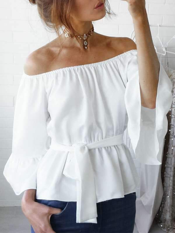 Solid color chiffon Loose Off Shoulder Flared sleeves T-shirts