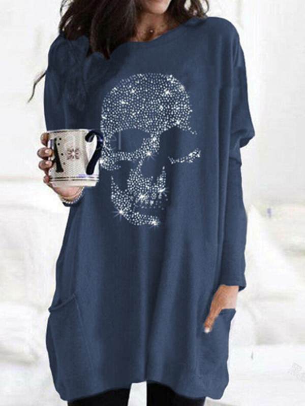 Women diamond decoration skull pattern loose long sleeve T-shirts