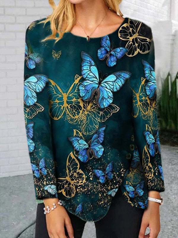 Fashion round neck butterfly hem button irregular long sleeve T-shirts