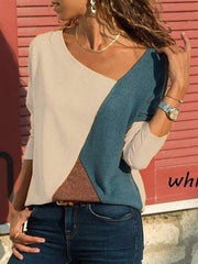 Plus Size Stitching Color Matching Round Collar Long Sleeve Casual T-shirt