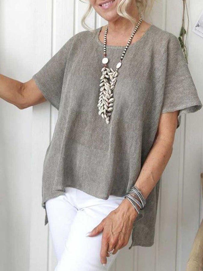 Casual loose solid color short-sleeved round neck cotton and linen top T-shirts
