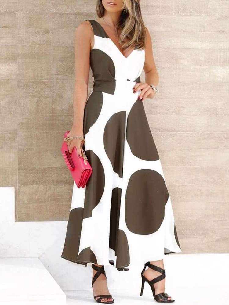 Fashion Print V neck Sleeveless Maxi Dresses