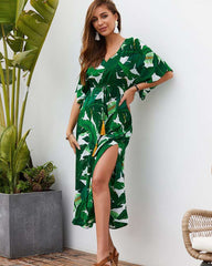 Fashion Print V neck Lacing Maxi Dresses