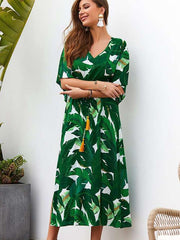 Fashion Print V neck Lacing Maxi Dresses