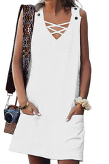 V neck Sleeveless Pure Shift Dresses