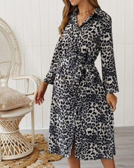 Casual Leopard print Long sleeve Skater Dresses
