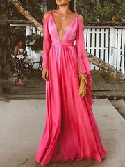 Sexy backless  deep v neck women long sleeve evening dresses