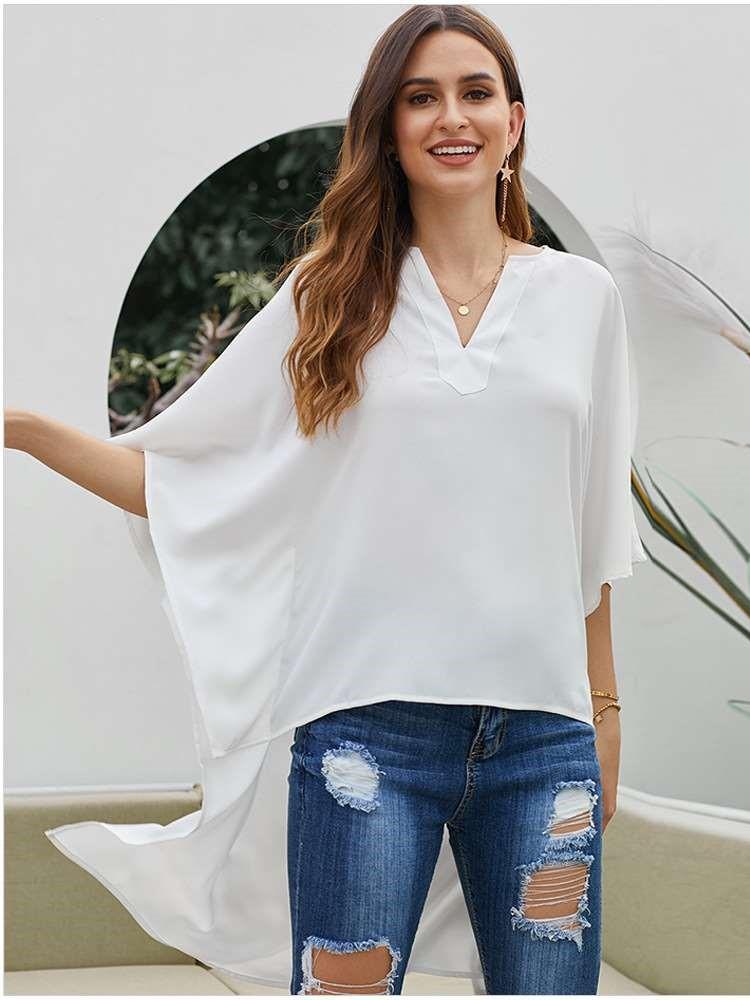 Fashion Loose Pure V neck Batwing sleeve Irregular Blouses