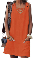 V neck Sleeveless Pure Shift Dresses