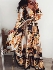 Vintage Printed V-neck long sleeves wide hem maxi dresses