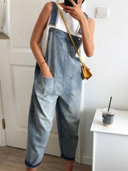 Vintage Sleeveless Casual Plain Plus Size Casual Denim Jumpsuits