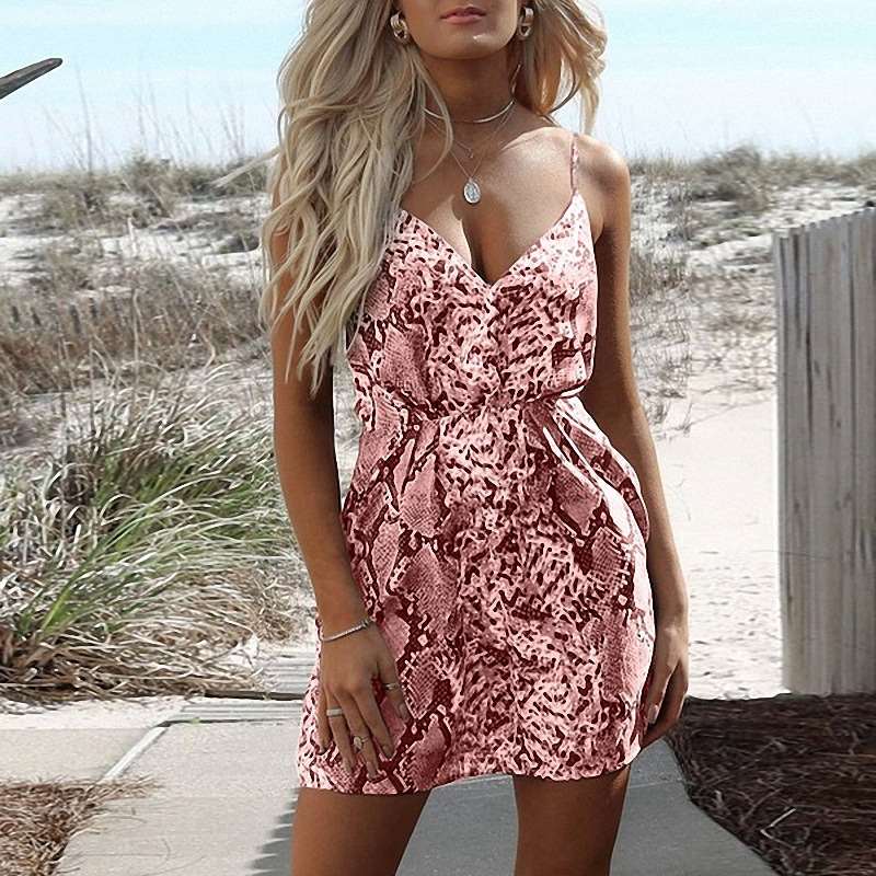 Casual Serpentine printing V neck Vest Backless Skater Dresses