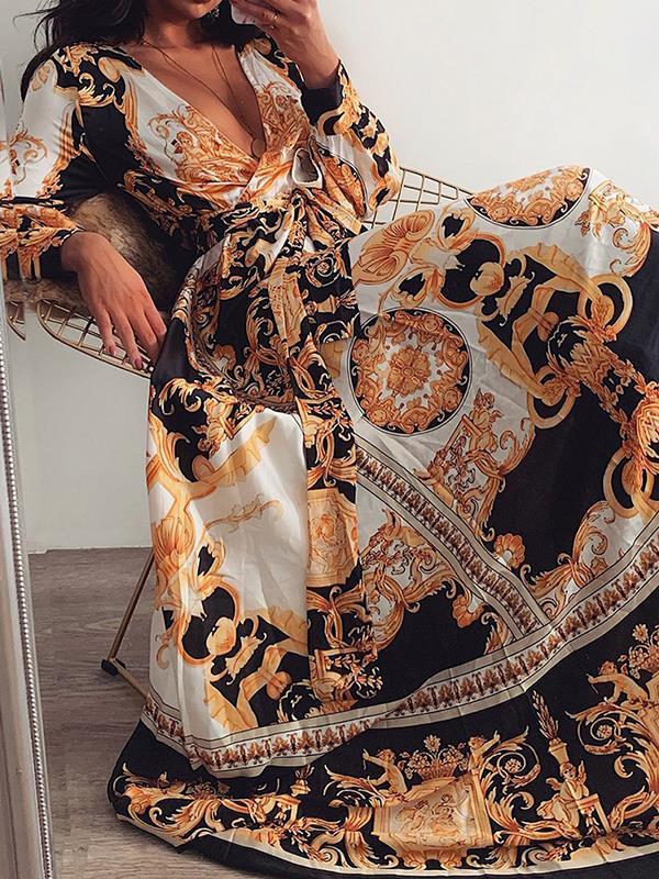 Vintage Printed V-neck long sleeves wide hem maxi dresses