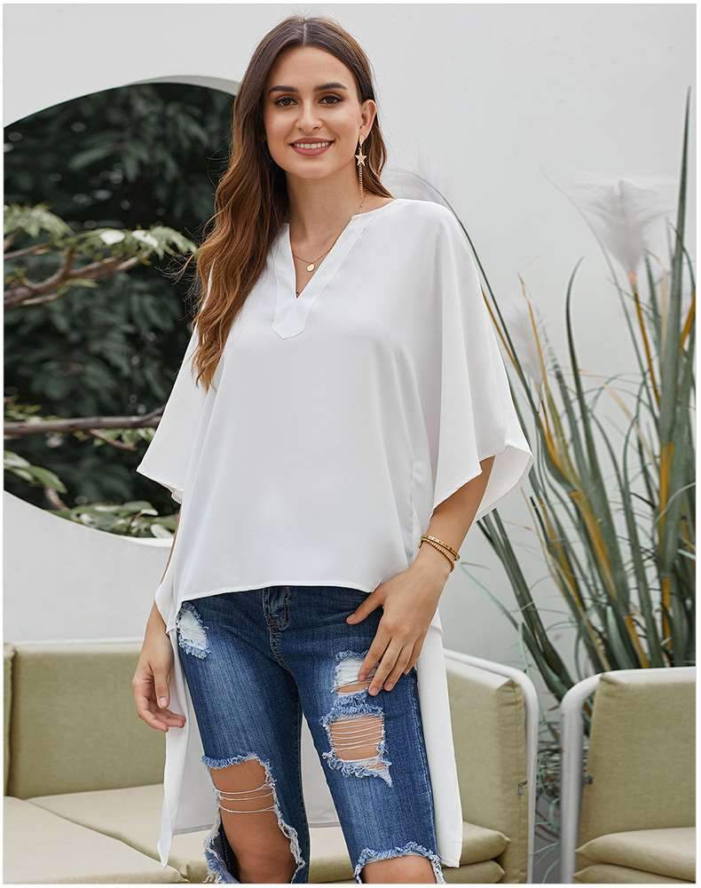 Fashion Loose Pure V neck Batwing sleeve Irregular Blouses